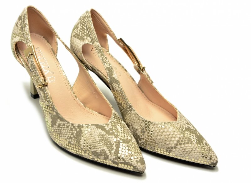 Czółenka szpilki beżowe złote 36 VINCEZA 62288 wąż beż