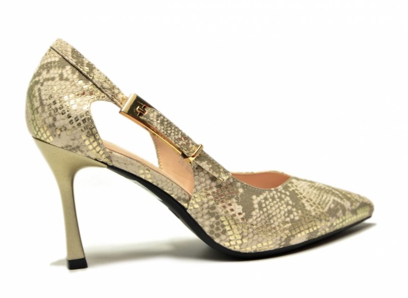 Czółenka szpilki beżowe złote 37 VINCEZA 62288 wąż beż