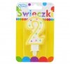 Świeczka urodzinowa na tort z kolorową obwódką i kropeczkami - cyfra 2