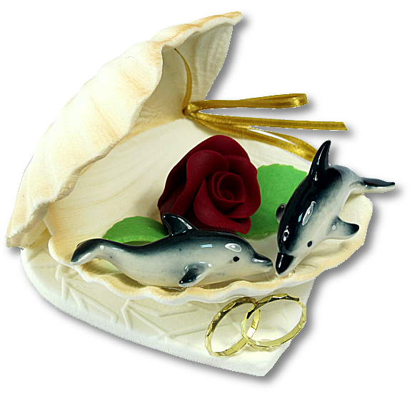 Muszla z 2 delfinkami - dekoracja na tort weselny