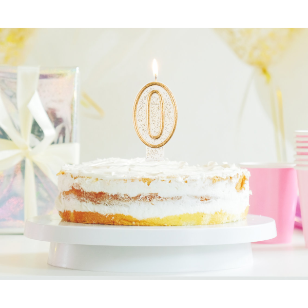 Świeczka urodzinowa na tort brokatowa ZŁOTA CYFRA 0
