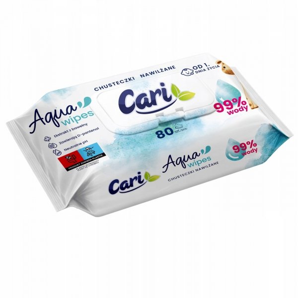 Chusteczki nawilżane CARI Aqua Wipes wodne bez perfum 99%, 80 szt.