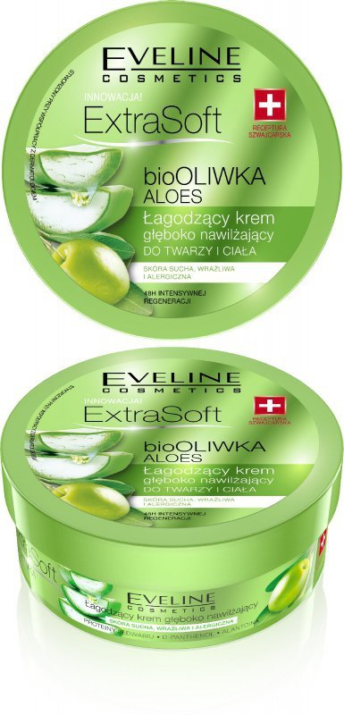 EVELINE Extra Soft  bio Oliwka i Aloes Łagodzący krem głęboko nawilżający do twarzy i ciała  175 ml