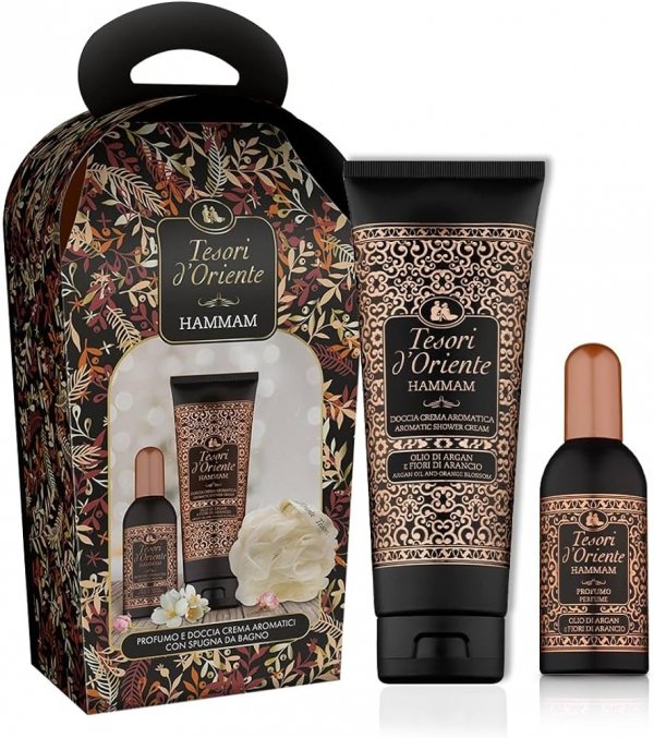 TESORI D`ORIENTE Zestaw prezentowy Hammam (woda toaletowa 100 ml + żel pod prysznic 75 ml + myjka do kąpieli)