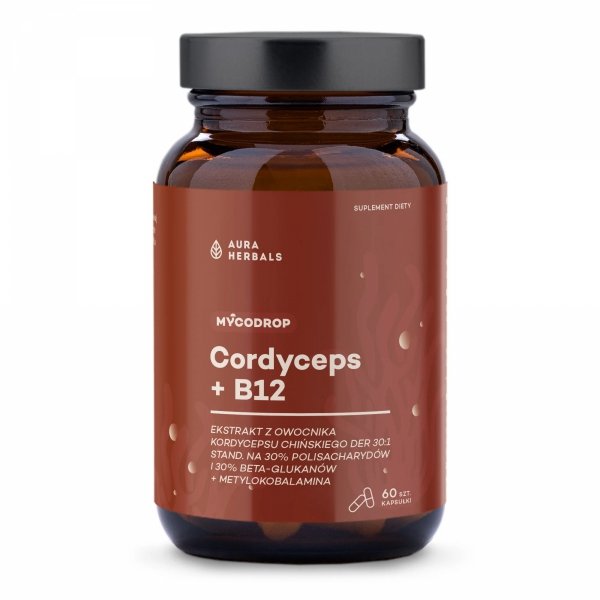 Mycodrop, Cordyceps 30:1 + B12, 30% beta-glukan, Aura Herbals, 60 kapsułek