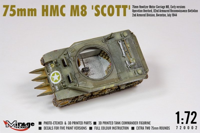 MIRAGE 720002 1:72 75mm HMC M8 SCOTT wczesne wersje Operacja Overlord, 82. pancerny batalion rozpoznawczy 2 Dywizja Pancerna, Barenton, lipiec 1944 r