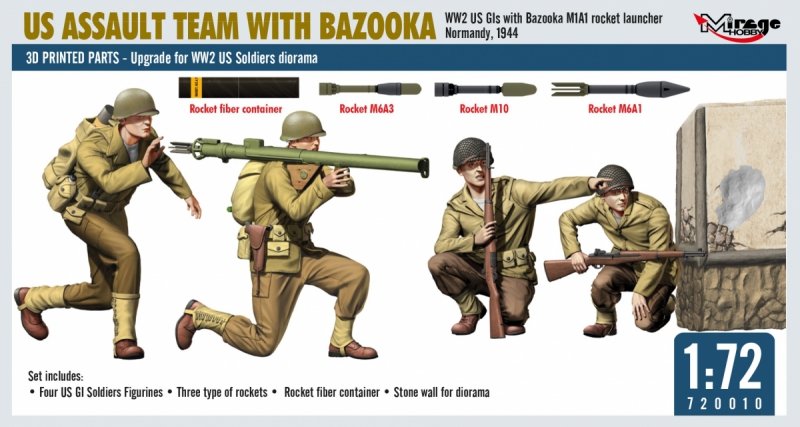 720010 1:72 US ASSAULT TEAM WITH BAZOOKA, WW2 US GIs with Bazooka M1A1 Rocket Launcher Normandy, 1944