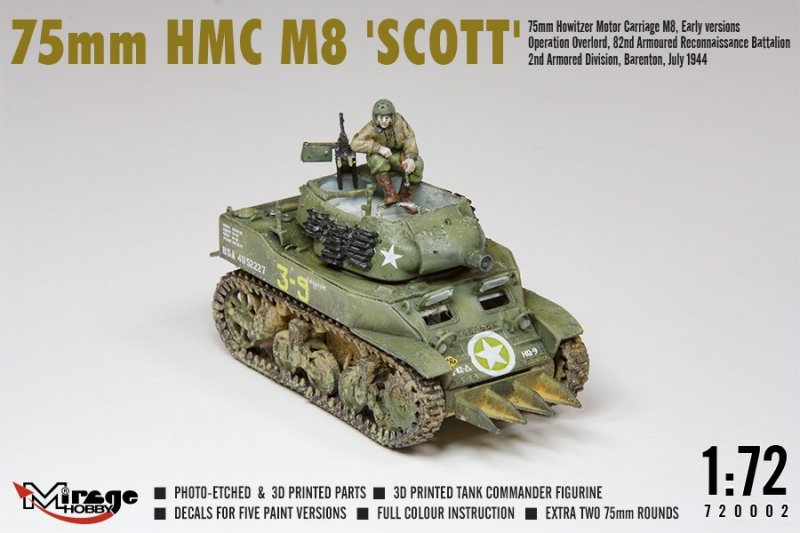 MIRAGE 720002 1:72 75mm HMC M8 SCOTT wczesne wersje Operacja Overlord, 82. pancerny batalion rozpoznawczy 2 Dywizja Pancerna, Barenton, lipiec 1944 r