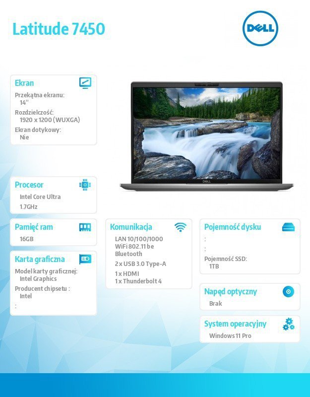 Dell Notebook Latitude 7450 Win11Pro Ultra 7 155U/16GB/1TB SSD/14.0 FHD+ 250nits/Intel Graph/FgrPr&SmtCd/FHD/IR Cam/Mic/WLAN+BT/