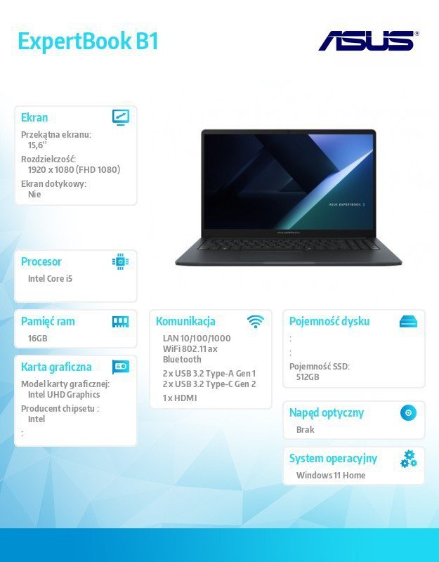 Asus Notebook ExpertBook B1 B1503CVA-S72273W - i5-1334U/16GB/1TB/15.6 FHD/Win 11 HOME /3YRS