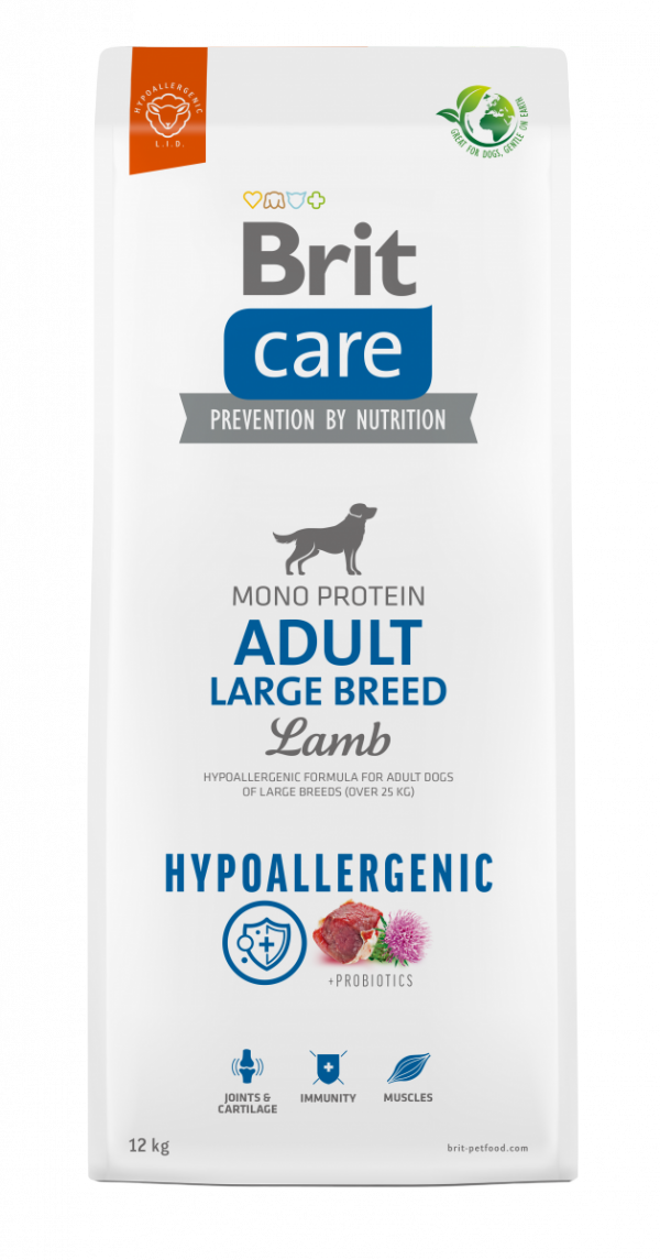 opakowanie suchej karmy Brit Care Hypoallergenic Dog Adult Large Breed Lamb 12kg front