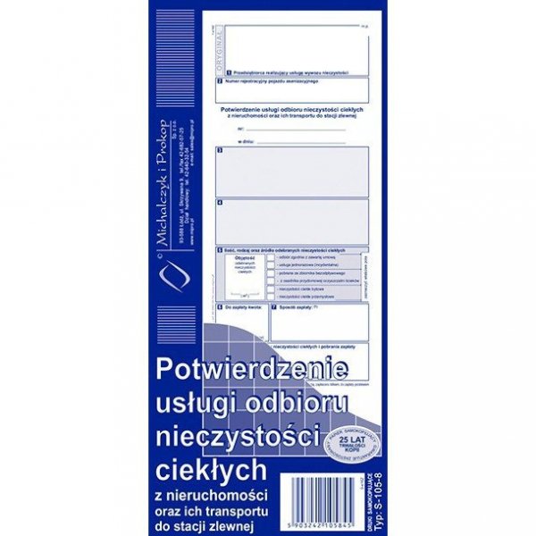 S-105-8 Potwierdzenie usługi odbioru nieczystości ciekłych oraz ich transportu do stacji zlewnej MICHALCZYK I PROKOP