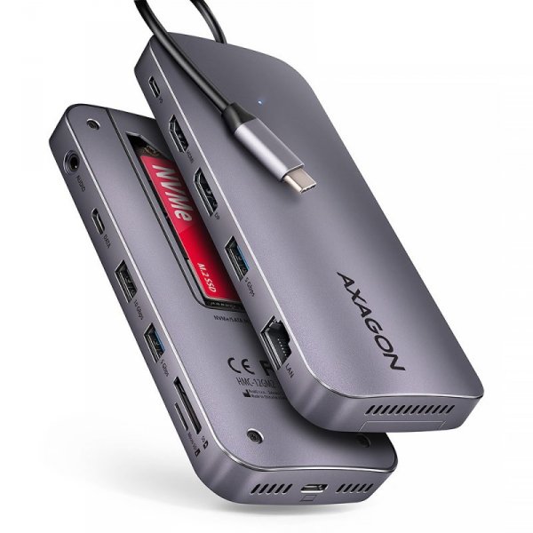 AXAGON HMC-12GM2 Wieloportowy hub USB 12in1 + M.2 NVMe/SATA pozycja, 10Gbps, 3x USB-A, USB-C, HDMI 4K/60Hz, DP 4K/60Hz, GLAN, SD