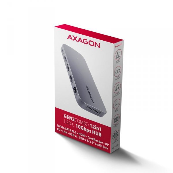 AXAGON HMC-12GM2 Wieloportowy hub USB 12in1 + M.2 NVMe/SATA pozycja, 10Gbps, 3x USB-A, USB-C, HDMI 4K/60Hz, DP 4K/60Hz, GLAN, SD