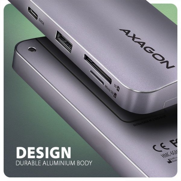 AXAGON HMC-6GM2 Wieloportovy hub USB 6in1, 10Gbps, USB-A, USB-C, HDMI 4K/60Hz, M.2 NVMe/SATA, SD/microSD, PD 100W, 20cm USB-C ka