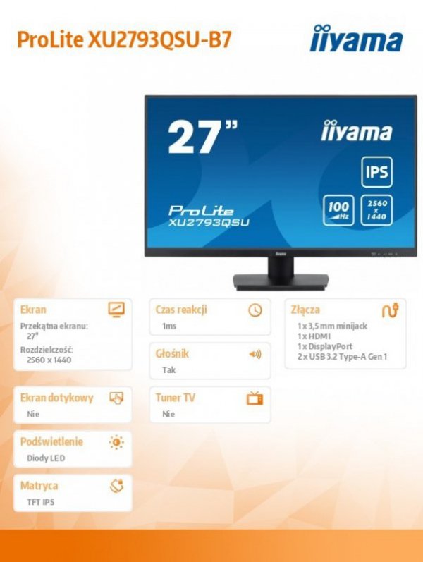 IIYAMA Monitor 27 cali XU2793QSU-B7 IPS,QHD,100Hz,HDMI,DP,300cd