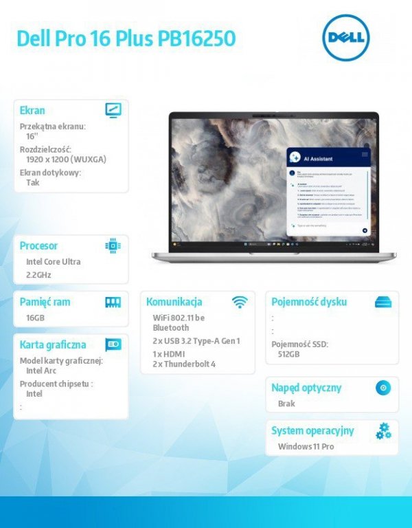 Dell Laptop Dell Pro 16 Plus PB16250 W11P Ultra 7 266V/16GB/512GB SSDG4 CL35/16.0 FHD+Touch/Arc/FgrPr&SmtCd/FHD/IRCam/Mic/WLAN+B