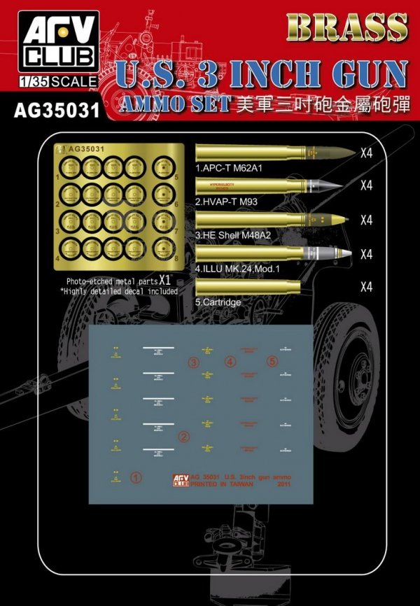 AFV Club AG35031 US 3 inch gun Ammo set - Brass 1/35