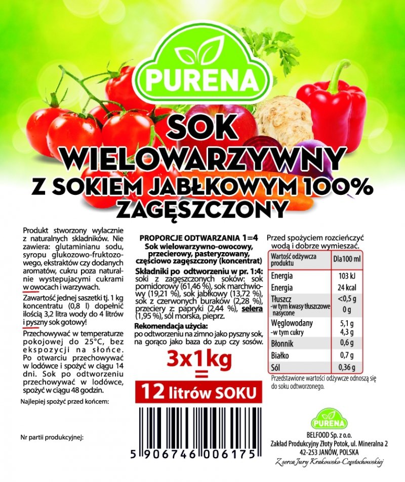 Sok wielowarzywny 100% zagęszczony 1kg x 3sztuki na 12l