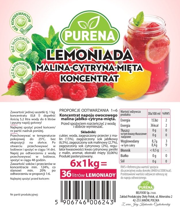 Lemoniada malina-cytryna-mięta koncentrat 3x1kg na 18l