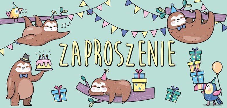 Zaproszenie Leniwiec  komplet 5 sztuk wraz z kopertami