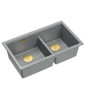 QUADRON | LOGAN 120 | granitowy zlewozmywak kuchenny SILVER STONE + ZŁOTO PVD | wymiar: 76 x 45 x 23,5 cm | 2-komorowy podwieszany| podbudowa szafki od: 80 cm HQL7645U5PVDG1U