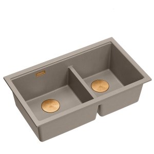 QUADRON | LOGAN 120 | granitowy zlewozmywak kuchenny SOFT TAUPE + MIEDŹ PVD | wymiar: 76 x 45 x 23,5 cm | 2-komorowy wpuszczany | podbudowa szafki od: 80 cm HQL7645U4PVDC1I