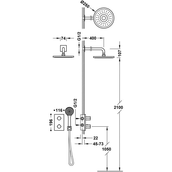 Tres THERM-BOX ZESTAW BATERII TERMOSTATYCZNEJ PODTYNKOWEJ 2-DROŻNEJ THERM-BOX PRYSZNICOWEJ-21625004NM