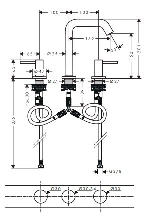 Hansgrohe Tecturis S 3-otworowa bateria umywalkowa 150 z kompletem odpływowym Push-Open Chrom 73330000