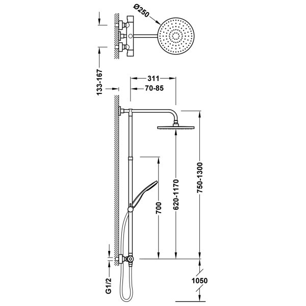 Tres BASE PLUS ZESTAW BATERII TERMOSTATYCZNEJ NAŚCIENNEJ 2-DROŻNEJ PRYSZNICOWEJ-21639302NM