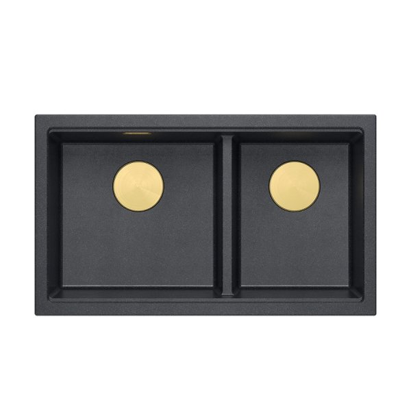 QUADRON | LOGAN 120 | granitowy zlewozmywak kuchenny BLACK DIAMOND + ZŁOTO PVD | wymiar: 76 x 45 x 23,5 cm | 2-komorowy podwieszany | podbudowa szafki od: 80 cm HQL7645U8PVDG1U