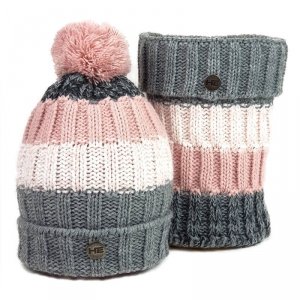 Czapka zimowa z kominem Estera szaro biało różowa