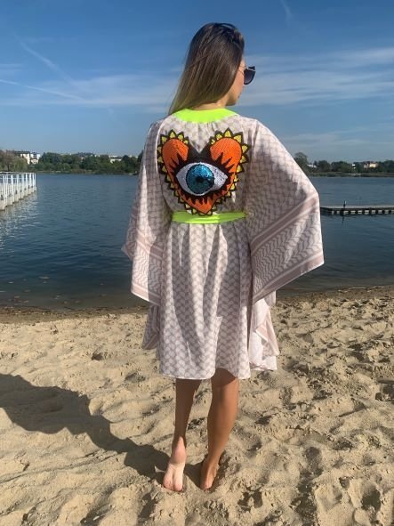 Kimono Checker Beige Heart Short