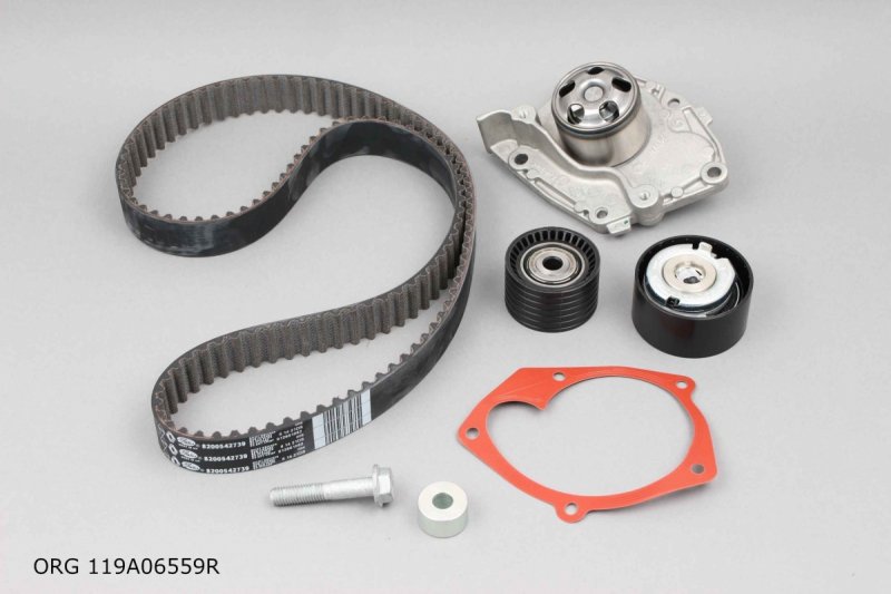Pompe à eau d'origine + kit de courroie de distribution Renault 1.8-2.0 16V 01-, 119A06559R, 130C13130R, 7701479043, 119A06559R