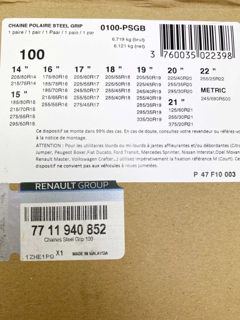 Chaînes à neige Polaire Steel Grip d’origine – Renault Kadjar , 7711940852