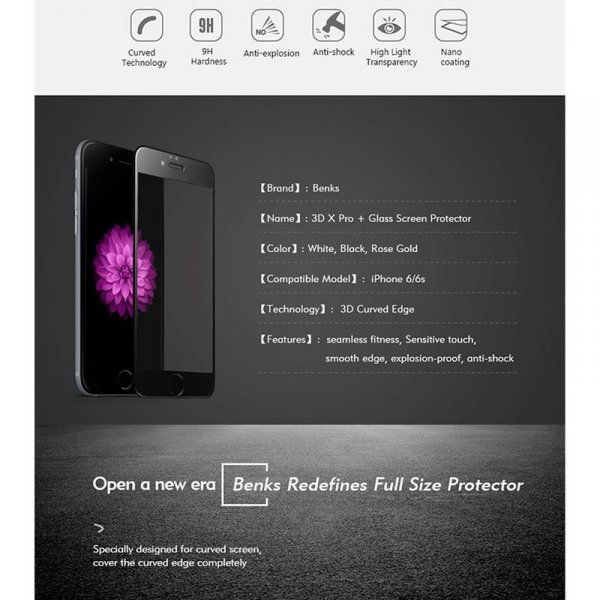 Benks GLASS X PRO+ 3D iPhone 6 6S Szkło HARTOWANE 9H