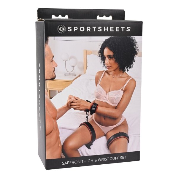 Sportsheets Saffron Thigh &amp; Wrist Cuff Set - kajdanki (czarny/czerwony)