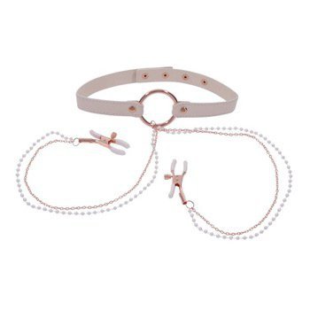 Sportsheets S&amp;M Peaches ‘n CreaMe Collar with Nipple Clamps - uprząż  (kremowy)