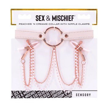 Sportsheets S&amp;M Peaches ‘n CreaMe Collar with Nipple Clamps - uprząż  (kremowy)