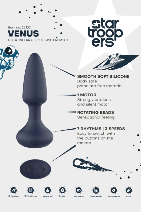 Dream Toys StarTroopers Venus Rotating Anal Plug with Remote - korek analny z wibracjami (granatowy)