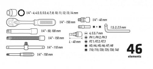 Klucze nasadowe Topex 1/4&quot; zestaw 46 sztuk