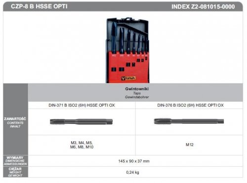 FANAR GWINTOWNIKI MASZYNOWE kpl. 8cz. CZP-8 B HSSE OPTI.  M3-M12