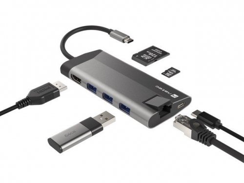 NATEC MULTIPORT ADAPTER FOWLER PLUS USB-C-&gt; USB 3.0 3X, HDMI 4K, USB-C PD, RJ45, MICRO SD NMP-1690