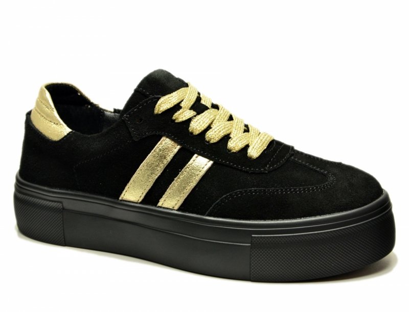 Półbuty sneakersy 38 skóra FILIPPO 6841 czarne skórzane zamsz złote