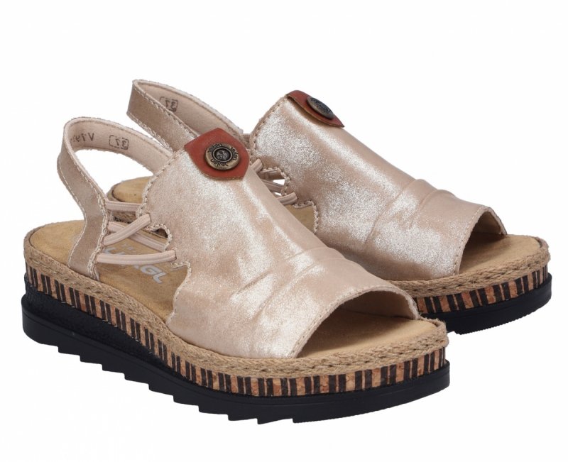 Sandałki beżowe złote 36 RIEKER 7972 beż na koturnie platformie