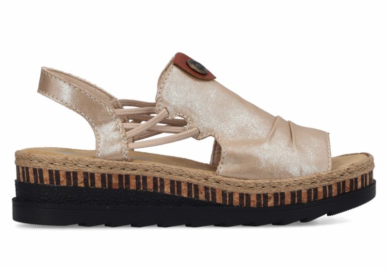 Sandałki beżowe złote 40 RIEKER 7972 beż na koturnie platformie