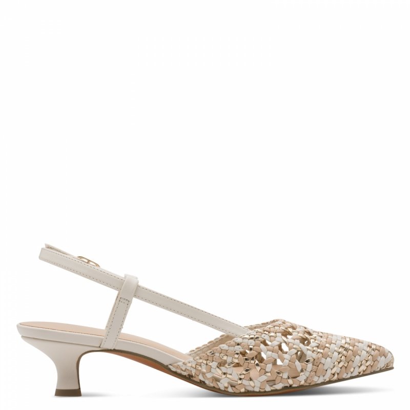 Czółenka beżowe kremowe 37 MARCO TOZZI 29502 kaczuszki z odkrytą piętą złote plecione