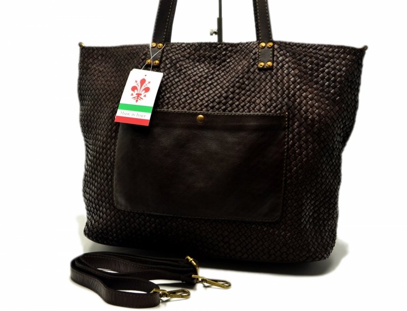 TOREBKA MIKO skóra brąz vintage plecionka brązowa czekolada duża