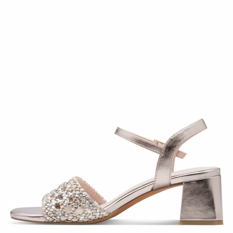 Sandałki 39 złote MARCO TOZZI 28382 na obcasie plecione różowe złoto
