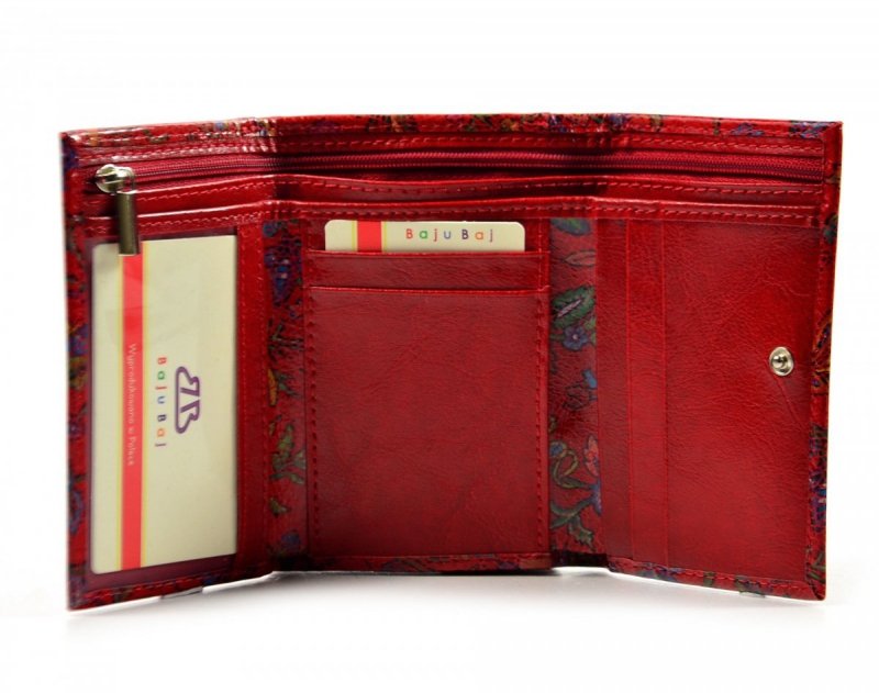 Portfel damski BAJUBAJ skóra czerwony kwiatki 